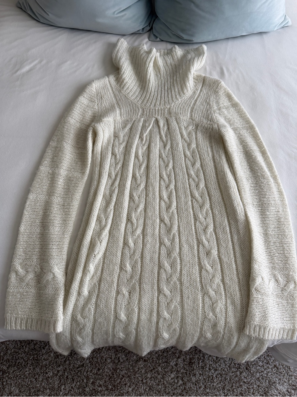 Vintage Cable Knit Turtleneck Sweater Dress - Cream